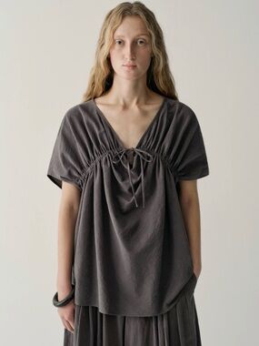 Gathered V-Neck Short Sleeve Blouse